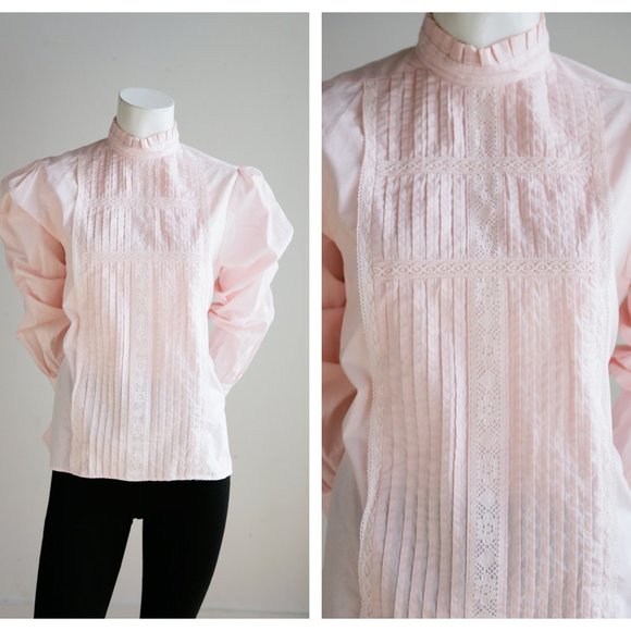 Jason Prescott Tops - Vintage Pink Cotton High Neck Prerie Style Blouse